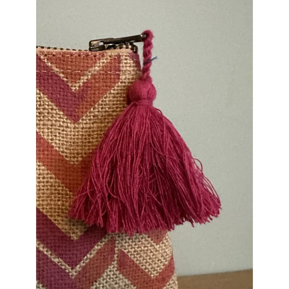 Neiman Marcus Pink‎ Beige Burlap Cosmetic Pouch Makeup Bag 9